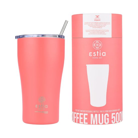 ESTIA HOME ART Fusion Coral izolirana putna šalica, 500 ml, slamka, nehrđajući čelik, crvena