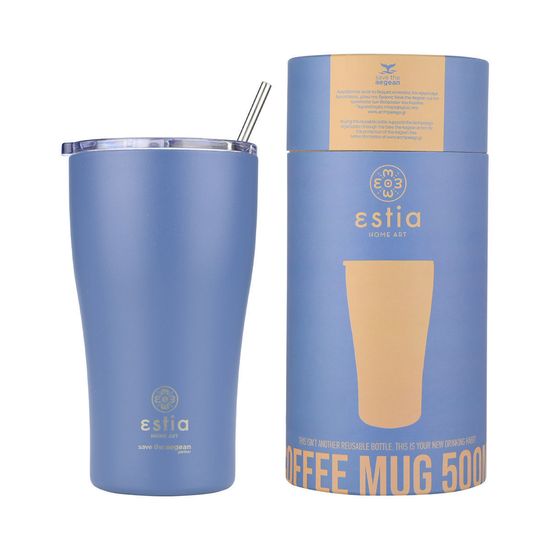 ESTIA HOME ART Denim Blue izolirana putna šalica, 500 ml, slamka, nehrđajući čelik, plava