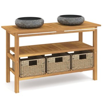 Vidaxl Kupaonski ormarić od masivne tikovine crni mramorni umivaonici