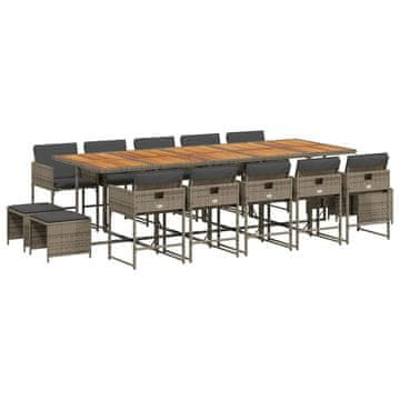 Vidaxl 15-dijelni vrtni blagovaonski set s jastucima poliratan sivi