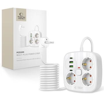 Tech-protect PCS3X4 produžni kabel 2x USB / 2x USB-C / 3 utičnice 2m, bijela