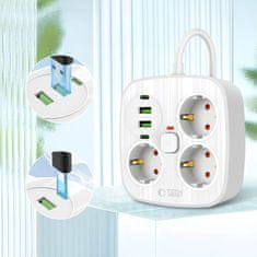 Tech-protect PCS3X4 produžni kabel 2x USB / 2x USB-C / 3 utičnice 2m, bijela