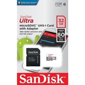 SanDisk 32GB Ultra microSDHC + SD adapter 100MB/s Klasa 10 UHS-I