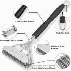 Netscroll Četka za roštilj s metalnim strugalom, sigurna i učinkovita, strugalo za roštilj, nehrđajući čelik, 43 cm, za sve vrste rešetki, BrushGrill