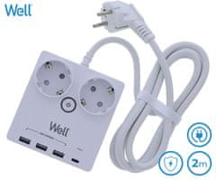 Well EXTS-2S2M-USBC4-WL električni produžni kabel s prenaponskom zaštitom, 2xSCHUKO, 3xUSB-A, 1xUSB-C, 16A, 3680W