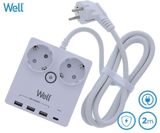 Well EXTS-2S2M-USBC4-WL električni produžni kabel s prenaponskom zaštitom, 2xSCHUKO, 3xUSB-A, 1xUSB-C, 16A, 3680W