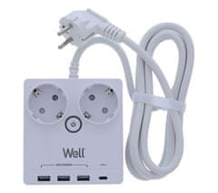 Well EXTS-2S2M-USBC4-WL električni produžni kabel s prenaponskom zaštitom, 2xSCHUKO, 3xUSB-A, 1xUSB-C, 16A, 3680W