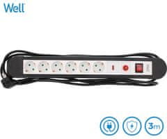 Well EXTS-6S3M-PROT-02-WL električni produžni kabel s prenaponskom zaštitom, 6x SCHUKO, 16A, 3500W