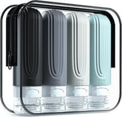 HOME & MARKER® Putne bočice za kozmetiku, 4x 90 ml silikonske posudice, nepropusne, TSA odobrene, s torbicom | TUBYGRAY