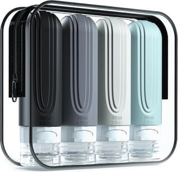 HOME & MARKER® Putne bočice za kozmetiku, 4x 90 ml silikonske posudice, nepropusne, TSA odobrene, s torbicom | TUBYGRAY