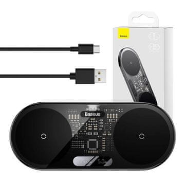 BASEUS Podvijska bežična punjača Qi s LED ekranom Baseus, 20W, za dva uređaja uz pametno punjenje