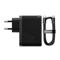 BASEUS Brzi punjač Baseus GaN5 Pro, 100W, USB-C + USB-A, s kabelom, crni