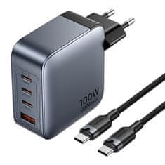 Vention Vention 100W GaN punjač s 3x USB-C i 1x USB-A, uključuje USB-C kabel (1m) - sivi