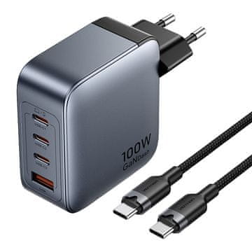 Vention Vention 100W GaN punjač s 3x USB-C i 1x USB-A, uključuje USB-C kabel (1m) - sivi