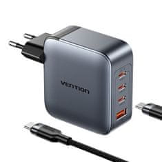 Vention Vention 100W GaN punjač s 3x USB-C i 1x USB-A, uključuje USB-C kabel (1m) - sivi