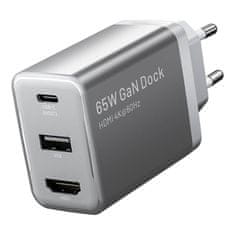 Vention Vention FJAH0-EU GaN punjač 60W + HDMI 4K@60Hz, siva, USB-C i USB-A