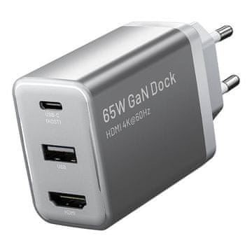Vention Vention FJAH0-EU GaN punjač 60W + HDMI 4K@60Hz, siva, USB-C i USB-A