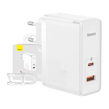 BASEUS Brza punjač Baseus GaN5 Pro, USB-C + USB, 100W, s kabelom, bijela boja