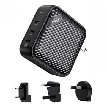 INVZI Brza punjača INVZI GanHub 3x USB-C 140W s adapterima EU/UK/AU/US (crna)