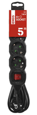 EMOS produžni kabel, 5 m, 4 utičnice, s prekidačem, PVC, 1,5 mm2, crni (PC1425R)