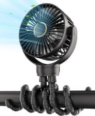 Netscroll Mini prijenosni ventilator s fleksibilnim stalkom, 3 brzine, tihi rad, 360° rotacija, USB i baterijsko napajanje, za dječja kolica, krevet, auto ili putovanja, Octy