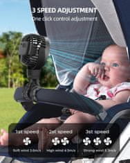 Netscroll Mini prijenosni ventilator s fleksibilnim stalkom, 3 brzine, tihi rad, 360° rotacija, USB i baterijsko napajanje, za dječja kolica, krevet, auto ili putovanja, Octy
