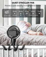 Netscroll Mini prijenosni ventilator s fleksibilnim stalkom, 3 brzine, tihi rad, 360° rotacija, USB i baterijsko napajanje, za dječja kolica, krevet, auto ili putovanja, Octy