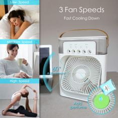 Netscroll Prenosni osobni rashladni ventilator 3u1 s vlaženjem, 7-bojna LED rasvjeta, 3 brzine i 3 načina prskanja, USB punjenje, 600 ml spremnik, tihi rad, Coolio