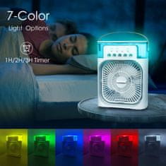 Netscroll Prenosni osobni rashladni ventilator 3u1 s vlaženjem, 7-bojna LED rasvjeta, 3 brzine i 3 načina prskanja, USB punjenje, 600 ml spremnik, tihi rad, Coolio