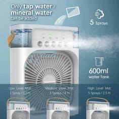Netscroll Prenosni osobni rashladni ventilator 3u1 s vlaženjem, 7-bojna LED rasvjeta, 3 brzine i 3 načina prskanja, USB punjenje, 600 ml spremnik, tihi rad, Coolio