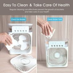 Netscroll Prenosni osobni rashladni ventilator 3u1 s vlaženjem, 7-bojna LED rasvjeta, 3 brzine i 3 načina prskanja, USB punjenje, 600 ml spremnik, tihi rad, Coolio