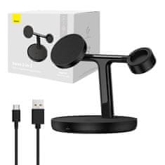 BASEUS Baseus Indukcijski punjač 3u1 15W MagSafe s postoljem - Crni