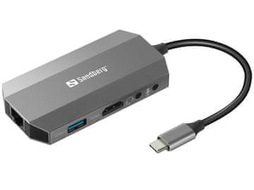 Sandberg USB-C razdjelnik, 6-u-1 100W PD, HDMI, LAN, AUX, 2x SD, 2x USB-A