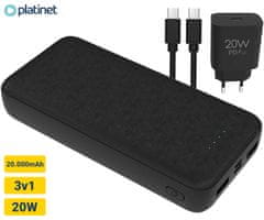 Platinet PMPB20SET 3u1 set powerbank + adapter 20W + kabel 100cm, 20.000mAh, PD, crna