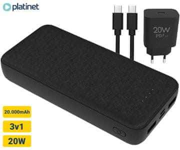 Platinet PMPB20SET 3u1 set powerbank + adapter 20W + kabel 100cm, 20.000mAh, PD, crna