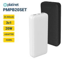 Platinet PMPB20SET 3u1 set powerbank + adapter 20W + kabel 100cm, 20.000mAh, PD, crna