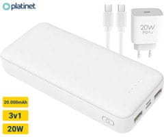 Platinet PMPB20SET 3u1 powerbank set + adapter 20W + kabel 100cm, 20.000mAh, PD, bijela