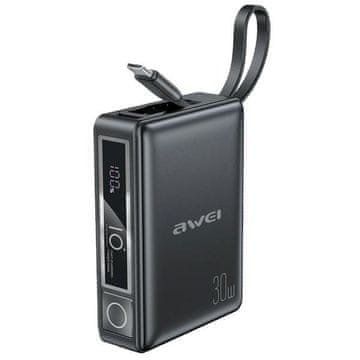 Awei Power Bank s ugrađenim kabelom 10000mAh 30W crne boje