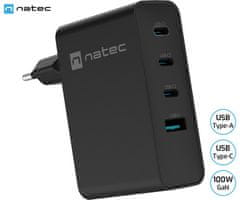 Natec Ribera GaN punjač, 100W, 1x USB-A, 3x USB-C, QC, crni
