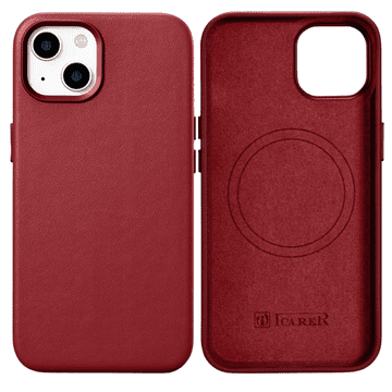iCARER Case Kožna futrola od prave kože za iPhone 14 Plus crvena (kompatibilna s MagSafeom)