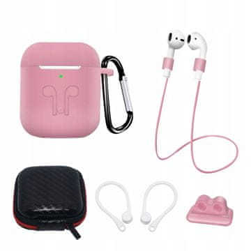 HURTEL Komplet silikonskih maskica za AirPods 2 / AirPods 1 + futrola / kopča za uho / traka za vrat / držač za remen sata / karabiner - ružičasto