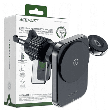 AceFast D18 Auto držač s MagSafe/Qi induktivnim punjačem + USB-A USB-C kabel - crni