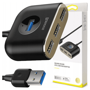 BASEUS Square okrugli 4u1 USB adapter, HUB USB 3.0 na 1x USB 3.0 + 3x USB 2.0, 1m (crni)