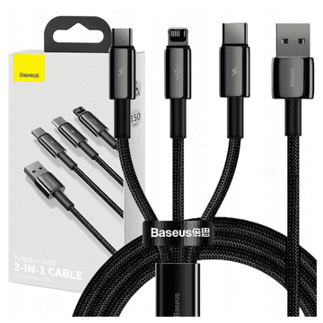BASEUS Tungsten Gold 3u1 USB kabel, USB na micro USB / USB-C / Lightning, 3.5A, 1.5m (crni)