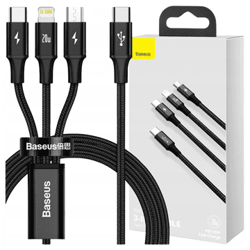 BASEUS Rapid Series 3u1 USB kabel, micro USB / Lightning / USB-C, 20W, 1,5 m (crni)
