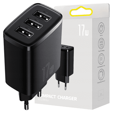 BASEUS kompaktni brzi punjač, 3x USB, 17W (crni)