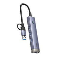 BASEUS Hub 4u1 Baseus UltraJoy USB-A&USB-C s 3xUSB3.0, USB-C, RJ45 - Sivi