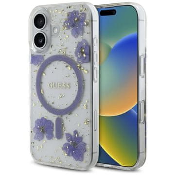 Guess Futrola za iPhone 16 MagSafe s glitter cvijećem, ljubičasta