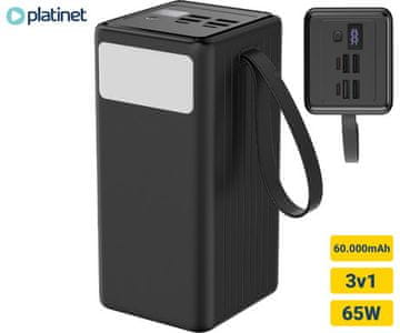 Platinet Punjiva baterija PMPB6065 powerbank, 65 W, 60.000 mAh, 4x USB-A, 2x USB-C, crna