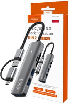 ZENWIRE USB-C HUB 7u1 3x USB 3.0 SD TF čitač kartica COMBO BS-HC502